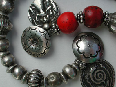 Dowry Bracelets: Antique Silver, India, Nepali "Coral" (Dutch red glass, 1800's), Antique Silver Amulets, Rajasthan, India