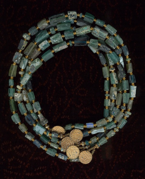 Ancient Afghanistan Glass Beads with Egyptian Faience and 1800's Gold Wash Coins, India Ancient Afghanistan Glass Beads with Egyptian Faience and 1800's Gold Wash Coins, India