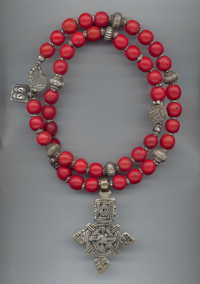 Nepali "Coral" (1800's Dutch Red Glass) with Ethiopian Coptic Cross and Antique and Contemporary Indian Silver, Rajasthan Nepali "Coral" (1800's Dutch Red Glass) with Ethiopian Coptic Cross and Antique and Contemporary Indian Silver, Rajasthan